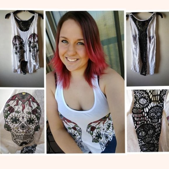 Midnight Hour White Sugar Skull Tank w/ Lace Back - Picture 1 of 6